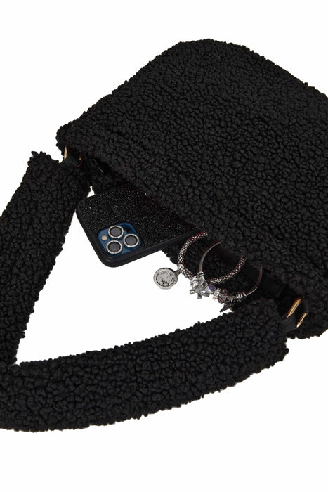 Zippered Teddy Fabric Shoulder Bag Handbag Handmade Daily Bag for Women,CE-14 Black - Black