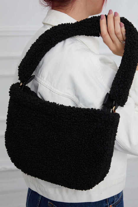 Zippered Teddy Fabric Shoulder Bag Handbag Handmade Daily Bag for Women,CE-14 Black - Black