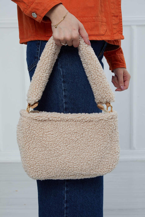 Zippered Teddy Fabric Shoulder Bag Handbag Handmade Daily Bag for Women,CE-14 Beige - Sand Brown