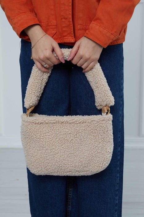 Zippered Teddy Fabric Shoulder Bag Handbag Handmade Daily Bag for Women,CE-14 Beige - Sand Brown