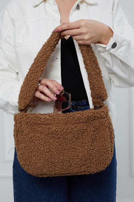Zippered Teddy Fabric Shoulder Bag Handbag Handmade Daily Bag for Women,CE-14 Light Brown - Brown