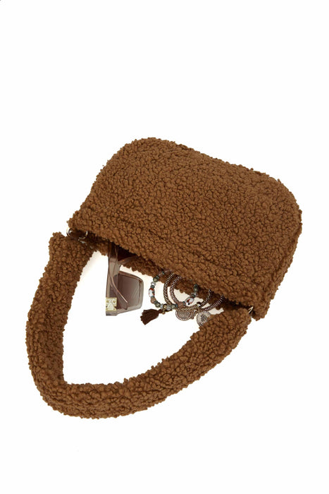 Zippered Teddy Fabric Shoulder Bag Handbag Handmade Daily Bag for Women,CE-14 Light Brown - Brown