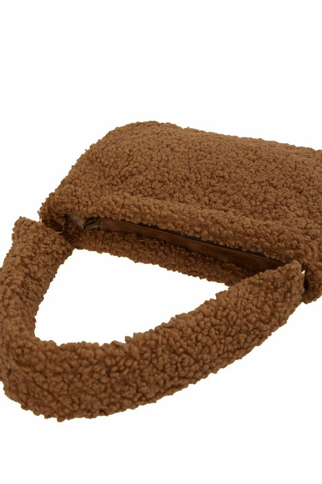 Zippered Teddy Fabric Shoulder Bag Handbag Handmade Daily Bag for Women,CE-14 Light Brown - Brown