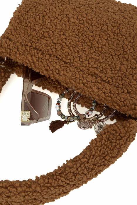 Zippered Teddy Fabric Shoulder Bag Handbag Handmade Daily Bag for Women,CE-14 Light Brown - Brown