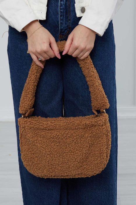 Zippered Teddy Fabric Shoulder Bag Handbag Handmade Daily Bag for Women,CE-14 Light Brown - Brown
