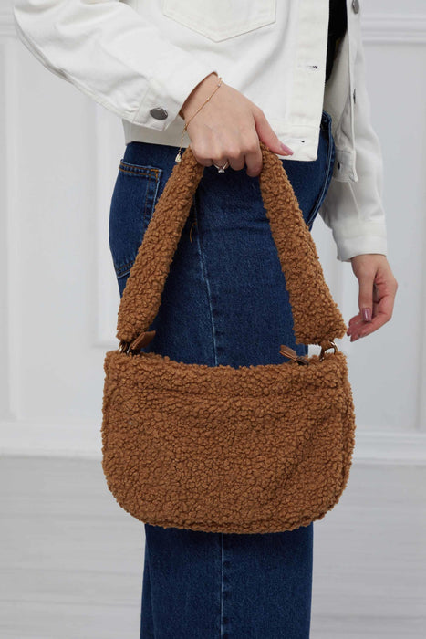 Zippered Teddy Fabric Shoulder Bag Handbag Handmade Daily Bag for Women,CE-14 Light Brown - Brown