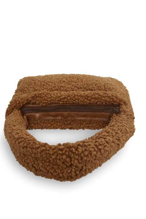 Zippered Teddy Fabric Shoulder Bag Handbag Handmade Daily Bag for Women,CE-14 Light Brown - Brown