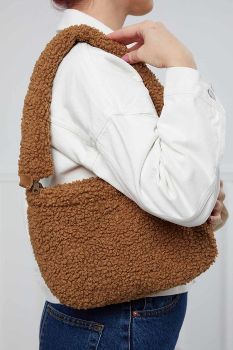 Zippered Teddy Fabric Shoulder Bag Handbag Handmade Daily Bag for Women,CE-14 Light Brown - Brown