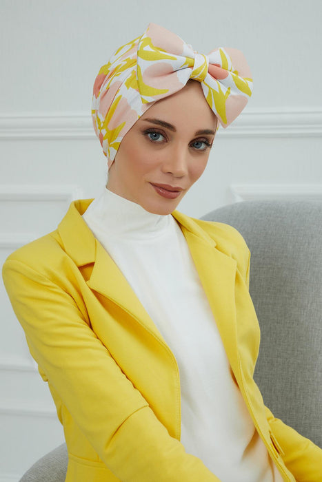 Combed Cotton Patterned Turban Bonnet with a Big Bow, Elegant and Comfortable Pre-Tied Instant Turban Hair Cover for Women,B-11YD
