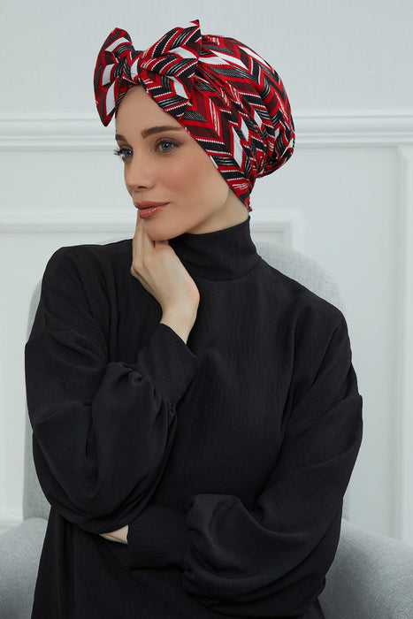 Combed Cotton Patterned Turban Bonnet with a Big Bow, Elegant and Comfortable Pre-Tied Instant Turban Hair Cover for Women,B-11YD